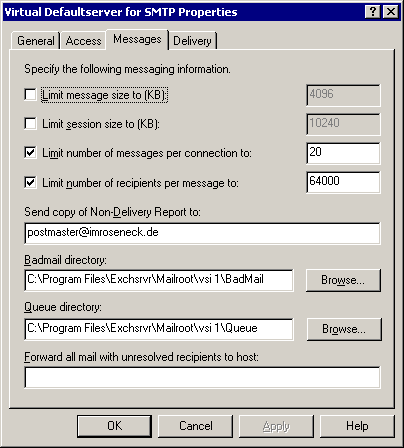 Message size limit on the Exchange Properties of the Virtual Defaultserver for SMTP