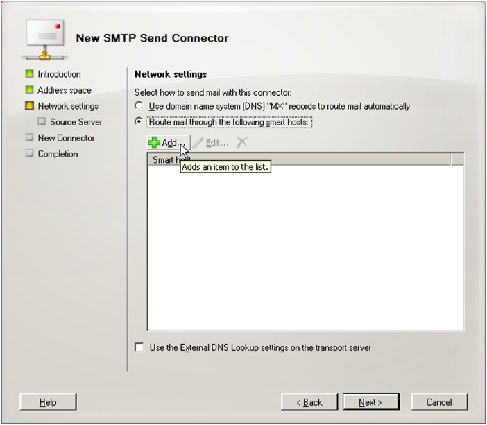 Exchange 2007 new send connector step 3