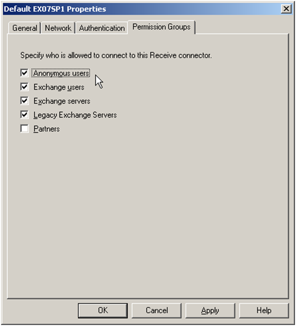 Connection exchange. Receive Connector Exchange. SMTP Connector. Windows Server 2007. Permissions ex.