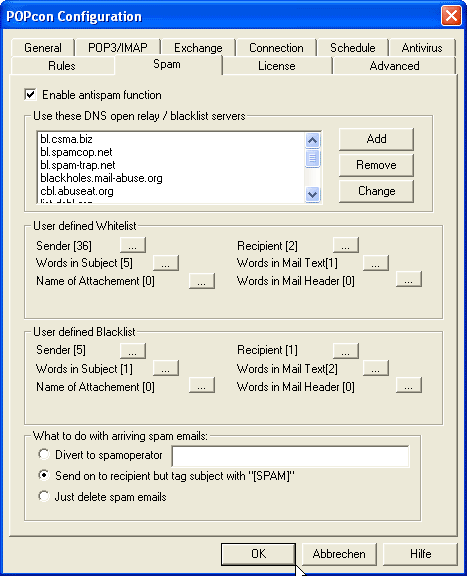 Screenshot: POPcon PRO antispam settings