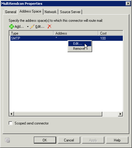 Exchange Sendekonnektor Address Space Eigenschaften - hier klicken für Vollansicht Exchange Sendekonnektor Address Space Eigenschaften - hier klicken für Vollansicht