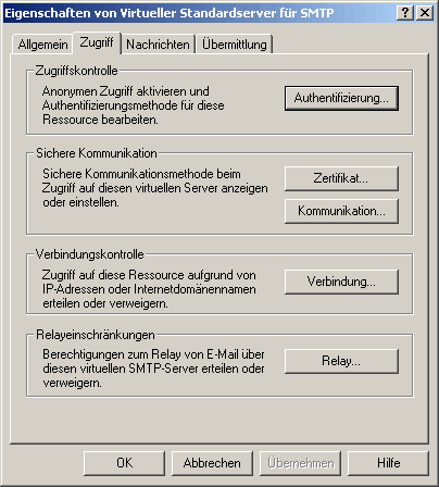 • Unter "Zugriff" finden sich einige Einstellungen, die gegen unbefugtes Benutzen des SMTP-Servers schützen können, bei Fehlkonfiguration kann es aber auch zu Problemen mit POPcon kommen. • Unter "Zugriff" finden sich einige Einstellungen, die gegen unbefugtes Benutzen des SMTP-Servers schützen können, bei Fehlkonfiguration kann es aber auch zu Problemen mit POPcon kommen.