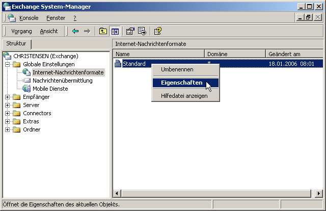 Screenshot: Exchange System Manager, Internetnachrichtenformat - klicken für größere Ansicht Exchange System Manager, Internetnachrichtenformat - klicken für größere Ansicht