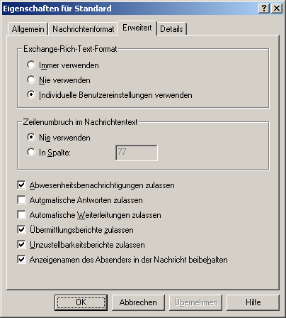 Screenshot Registerkarte Erweitert der Eigenschaften des Standard-Internetnachrichtenformats - klicken für größere Ansicht Screenshot Registerkarte Erweitert der Eigenschaften des Standard-Internetnachrichtenformats - klicken für größere Ansicht