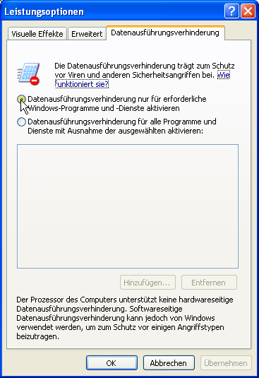 2. In den Leistungsoptionen dann auf "Datenausführungsverhinderung" gehen und auf "Datenausführungsverhinderung nur für erforderliche Windows-Programme und -Dienste aktivieren" schalten 2. In den Leistungsoptionen dann auf "Datenausführungsverhinderung" gehen und auf "Datenausführungsverhinderung nur für erforderliche Windows-Programme und -Dienste aktivieren" schalten