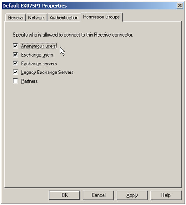 Exchange 2007 Empfangsconnector Berechtigungsgruppen - klicken für größere Ansicht Exchange 2007 Empfangsconnector Berechtigungsgruppen - klicken für größere Ansicht