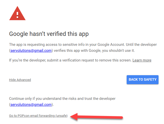Gmail wird Sie um Erlaubnis bitten, der POPcon E-Mail-Weiterleitung das Lesen, Verfassen und Löschen von E-Mails aus Ihrem Gmail-Konto zu gestatten. Aktivieren Sie das Kontrollkästchen, um diese Berechtigungen zu erteilen, und klicken Sie dann auf Continue. Gmail wird Sie um Erlaubnis bitten, der POPcon E-Mail-Weiterleitung das Lesen, Verfassen und Löschen von E-Mails aus Ihrem Gmail-Konto zu gestatten. Aktivieren Sie das Kontrollkästchen, um diese Berechtigungen zu erteilen, und klicken Sie dann auf Continue.