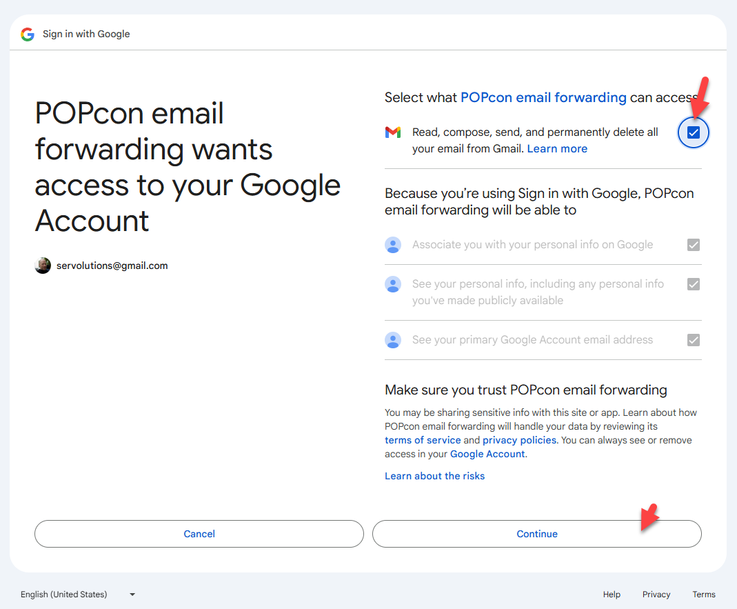 Da POPcon derzeit den Verifizierungsprozess von Google durchläuft, wird möglicherweise eine Warnung angezeigt, dass die App nicht verifiziert wurde. Klicken Sie auf Advanced und fahren Sie fort, indem Sie auf Go to POPcon email forwarding (unsafe) klicken, um fortzufahren. Da POPcon derzeit den Verifizierungsprozess von Google durchläuft, wird möglicherweise eine Warnung angezeigt, dass die App nicht verifiziert wurde. Klicken Sie auf Advanced und fahren Sie fort, indem Sie auf Go to POPcon email forwarding (unsafe) klicken, um fortzufahren.