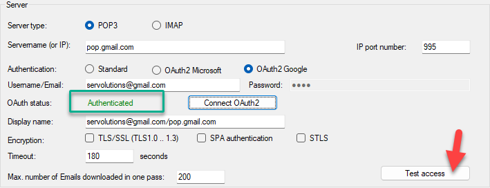 Nach der Authentifizierung zeigt der Status in POPcon Authenticated an. Sie können nun die E-Mail-Kontoverbindung testen, indem Sie auf die Schaltfläche Test access klicken, um sicherzustellen, dass alles korrekt konfiguriert ist. Nach der Authentifizierung zeigt der Status in POPcon Authenticated an. Sie können nun die E-Mail-Kontoverbindung testen, indem Sie auf die Schaltfläche Test access klicken, um sicherzustellen, dass alles korrekt konfiguriert ist.