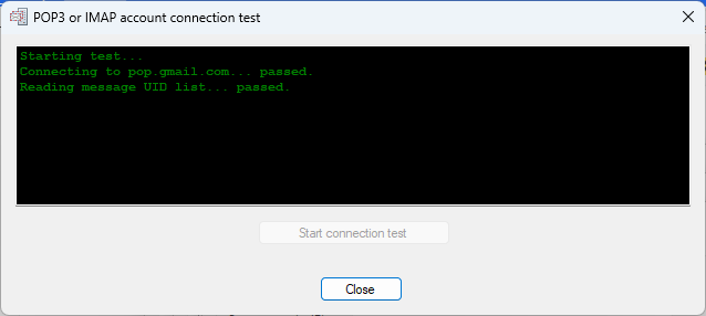 POPcon wird die Verbindung zu Gmail testen. Wenn der Test erfolgreich bestanden wird, sind Sie bereit, E-Mails von Gmail mit OAuth-Authentifizierung abzurufen. POPcon wird die Verbindung zu Gmail testen. Wenn der Test erfolgreich bestanden wird, sind Sie bereit, E-Mails von Gmail mit OAuth-Authentifizierung abzurufen.