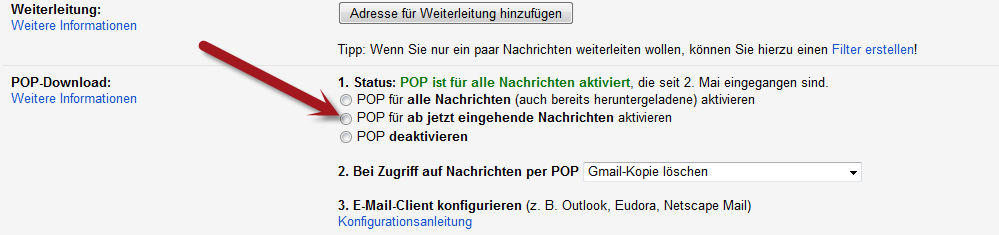 Google mail POP3 Einstellungen- klicken für größere Ansicht Google mail POP3 Einstellungen- klicken für größere Ansicht