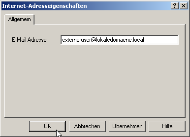 Diese Addresse sollte in einer Domain sein für die Ihr Exchange Server unter Empfänger, Empfängerrichtlienien, Eigenschaften der Default Policy auch konfiguriert wurde Emails anzunehmen! Diese Addresse sollte in einer Domain sein für die Ihr Exchange Server unter Empfänger, Empfängerrichtlienien, Eigenschaften der Default Policy auch konfiguriert wurde Emails anzunehmen!