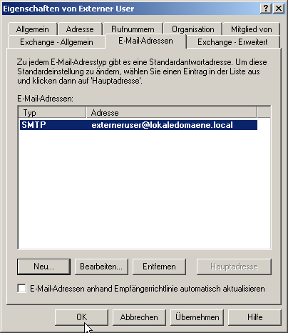 So sieht dann der fertige Kontakt aus. Jetzt können Sie den gewählten internen Namen in POPcon als Weiterleitungsadresse verwenden. Die Emails werden jetzt von Ihrem Exchangeserver an das internet unter der oben angegebenen Adresse weitergeleitet. So sieht dann der fertige Kontakt aus. Jetzt können Sie den gewählten internen Namen in POPcon als Weiterleitungsadresse verwenden. Die Emails werden jetzt von Ihrem Exchangeserver an das internet unter der oben angegebenen Adresse weitergeleitet.