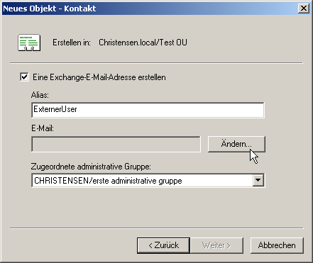 Auf der nächsten Seite müssen Sie nun die externe Email Adresse im Internet spezifizieren. Auf der nächsten Seite müssen Sie nun die externe Email Adresse im Internet spezifizieren.