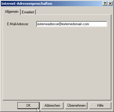 Auf der nächsten Seite müssen Sie nun die externe Email Adresse im Internet spezifizieren. Auf der nächsten Seite müssen Sie nun die externe Email Adresse im Internet spezifizieren.