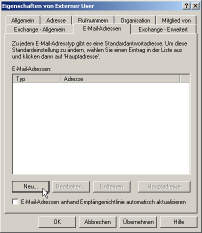 Wechseln Sie auf den Reiter "E-Mail-Adressen" und fügen eine neue SMTP-Adresse hinzu Wechseln Sie auf den Reiter "E-Mail-Adressen" und fügen eine neue SMTP-Adresse hinzu