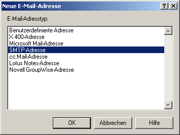 Wechseln Sie auf den Reiter "E-Mail-Adressen" und fügen eine neue SMTP-Adresse hinzu Wechseln Sie auf den Reiter "E-Mail-Adressen" und fügen eine neue SMTP-Adresse hinzu