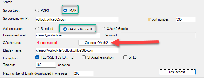 Hinweis: Die IP-Portnummer für Microsoft IMAP mit OAuth ist 993, wie unten gezeigt. Hinweis: Die IP-Portnummer für Microsoft IMAP mit OAuth ist 993, wie unten gezeigt.