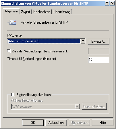 Mit Rechtsklick auf den "Virtuellen Standardserver für SMTP" können Sie die Eigenschaften öffnen. Mit Rechtsklick auf den "Virtuellen Standardserver für SMTP" können Sie die Eigenschaften öffnen.