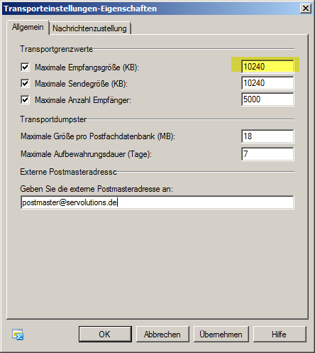 Exchange 2007/2010 Eigenschaften der Transporteinstellungen - hier klicken für volle Größe Exchange 2007/2010 Eigenschaften der Transporteinstellungen - hier klicken für volle Größe