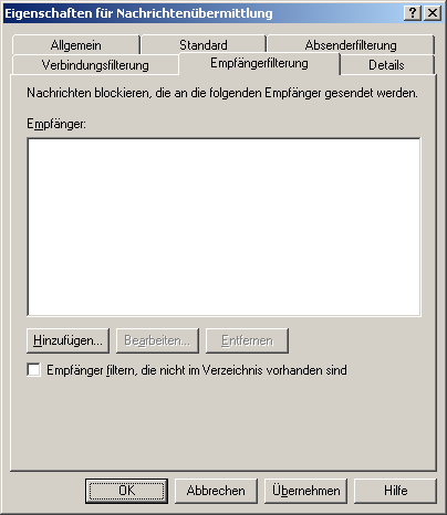 Auf der Seite "Empfängerfilterung" muss der Haken bei "Empfänger filtern die nicht im Verzeichnis vorhanden sind" entfernt werden. Das ist sonst der häufigste Grund für die Fehlermeldung. Auf der Seite "Empfängerfilterung" muss der Haken bei "Empfänger filtern die nicht im Verzeichnis vorhanden sind" entfernt werden. Das ist sonst der häufigste Grund für die Fehlermeldung.