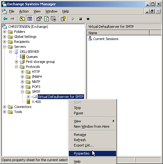 click for full size You will find the settings for the SMTP server under Servers/Protocols/SMTP/Default SMTP Virtual Server. Open the properties by right-clicking on the Default SMTP Virtual Server and choosing "Properties"