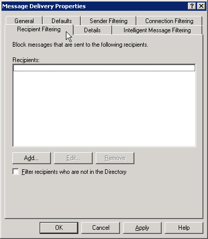On the "Recipient Filtering" page please uncheck "Filter recipients who are not in the Directory". On the "Recipient Filtering" page please uncheck "Filter recipients who are not in the Directory".
