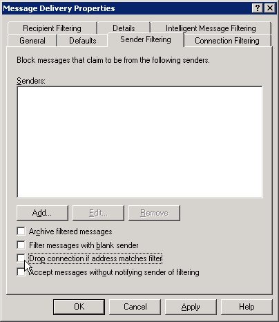 Ensure that the "Drop connection if address matches filter" option is turned off Ensure that the "Drop connection if address matches filter" option is turned off