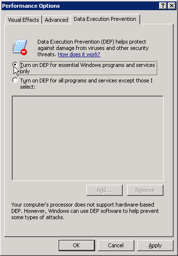 Choose Performance Settings and then go to "Data Execution Prevention" Choose Performance Settings and then go to "Data Execution Prevention"