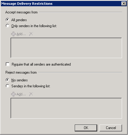 Exchange 2010 Distribution Group delivery restrictions - click for full size Exchange 2010 Distribution Group delivery restrictions