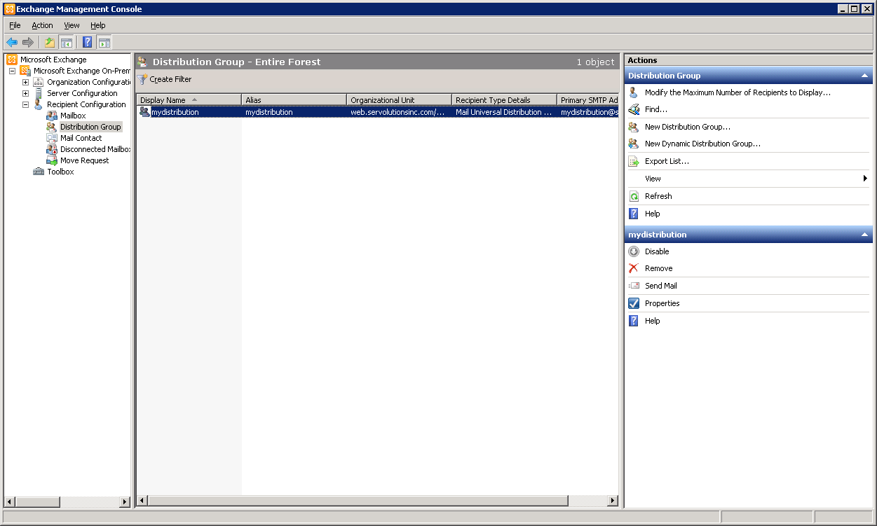 Exchange 2010 Management console Distribution Group - click for full size Exchange 2010 Management console Distribution Group