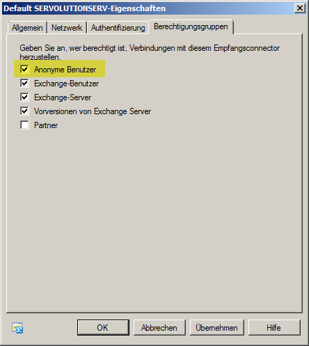 Exchange 2010 Empfangsconnector Berechtigungsgruppen - klicken für größere Ansicht Exchange 2010 Empfangsconnector Berechtigungsgruppen - klicken für größere Ansicht