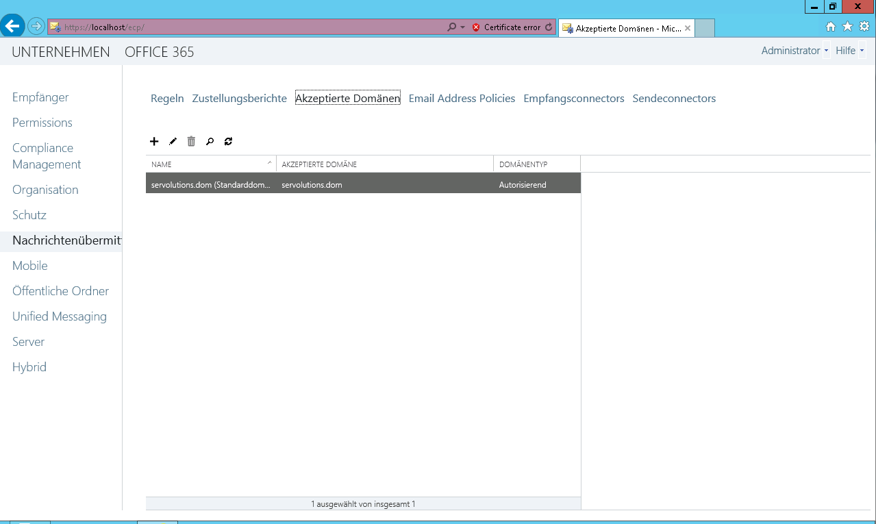 Exchange 2013 Akzeptierte Domains - klicken für größere Ansicht Exchange 2013 Akzeptierte Domains - klicken für größere Ansicht
