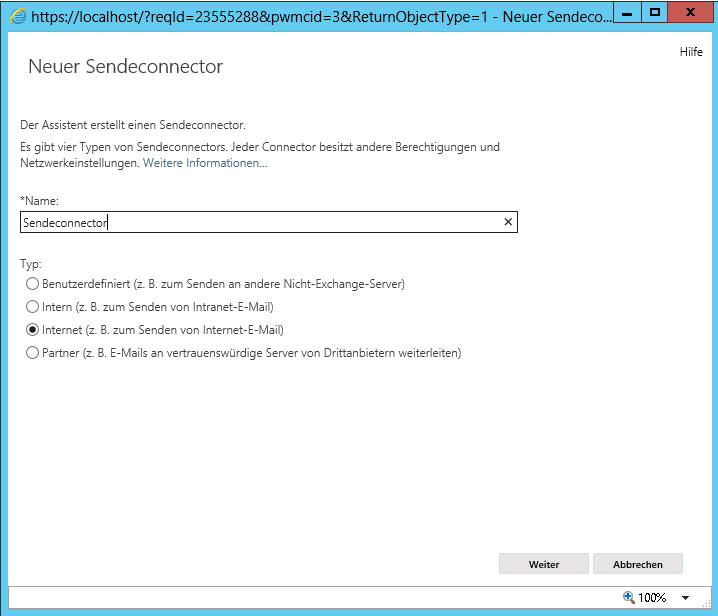 Exchange 2013 Neuer Sendeconnector 1 - klicken für größere Ansicht Exchange 2013 Neuer Sendeconnector 1 - klicken für größere Ansicht