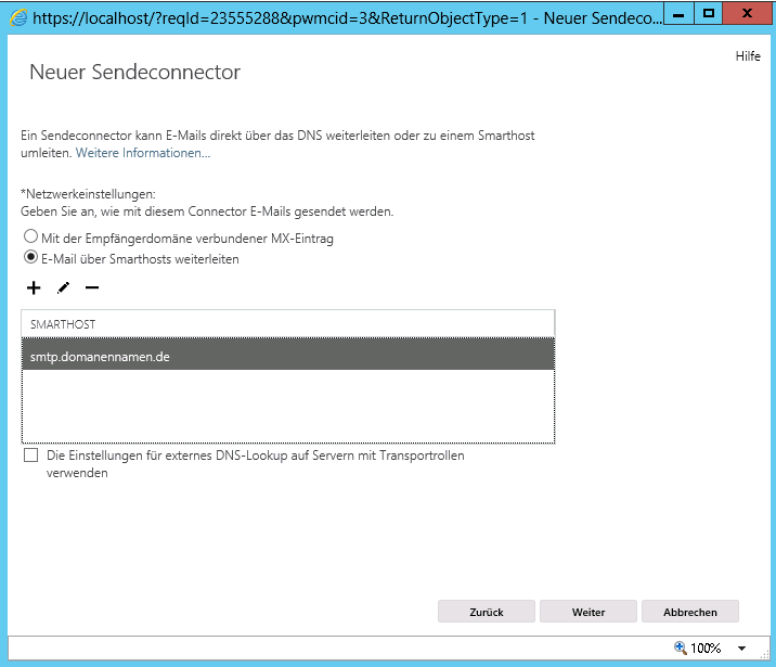 Exchange 2013 Neuer Sendeconnector 2 - klicken für größere Ansicht Exchange 2013 Neuer Sendeconnector 2 - klicken für größere Ansicht