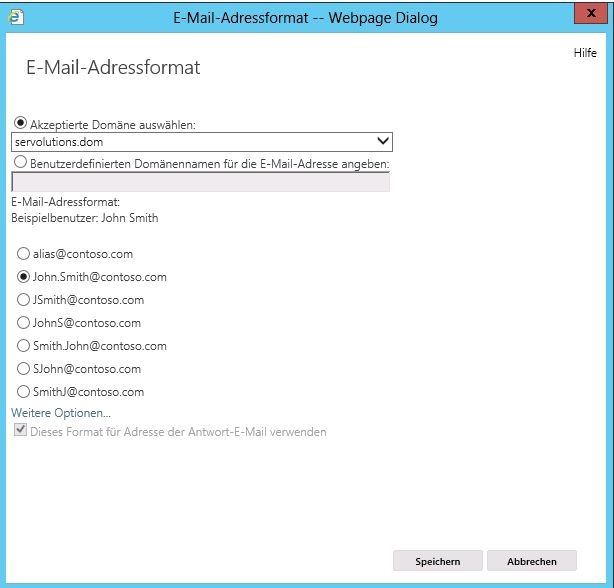 Exchange 2013 Email Addressformat - klicken für größere Ansicht Exchange 2013 Email Addressformat - klicken für größere Ansicht